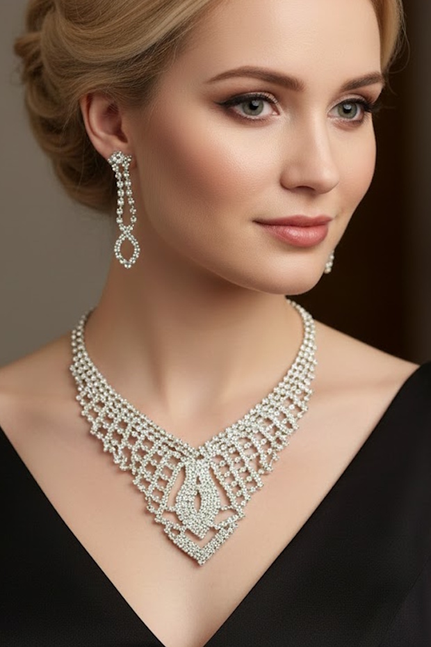 Silver Color Stone Evening Dress Set
