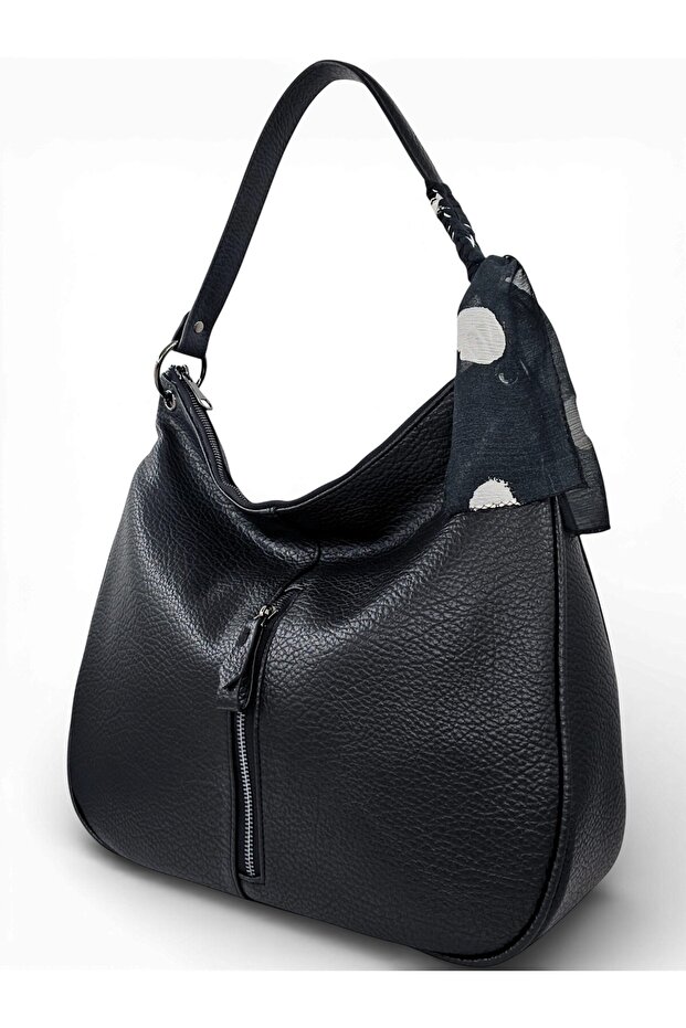Black Soft Textured Women's Shoulder Bag with Scarf Detail