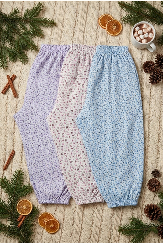 Women's Floral Patterned Knee-Length Pajamas 3-Piece Pajama Bottom Set with Elastic Waist