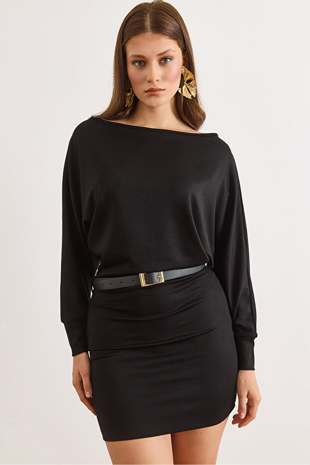Women's Black Bat Belted Soft Textured Mini Dress Elb-19002580