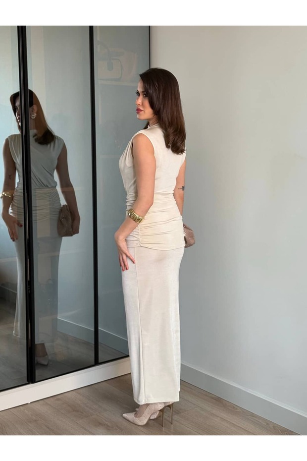 Drape Detay Uzun Elbise - 3