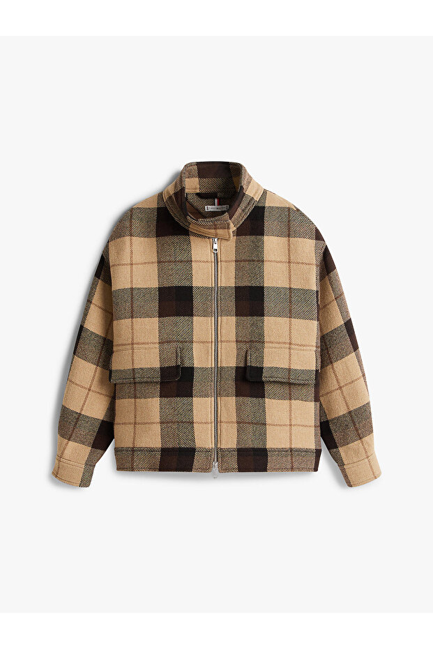 Check Wool Blend Relaxed Harrington Jacket - 2
