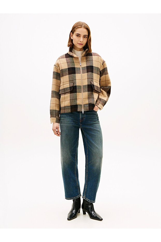 Check Wool Blend Relaxed Harrington Jacket - 6