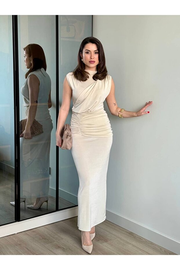 Drape Detay Uzun Elbise - 2