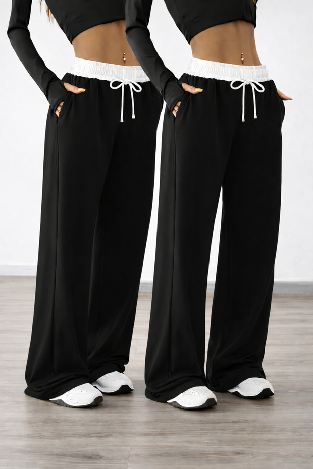 2-Piece White Belted High Waist Women's Wide Leg Sweatpants