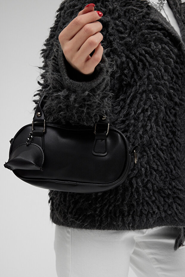 Women's Black Wallet Cylinder Model Mini Hand and Shoulder Bag with Accessories