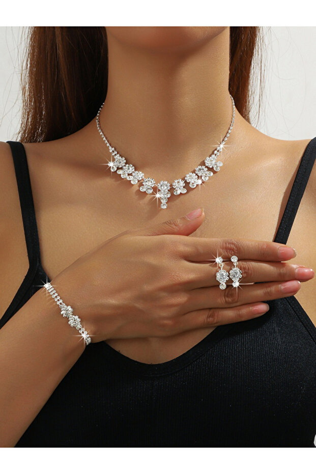 Silver Rhinestone Embellished Necklace with Bracelet and Earrings Set