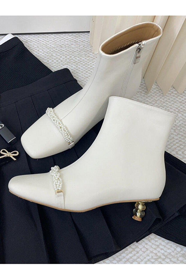 Women White Pearl Detail Ankle Boots