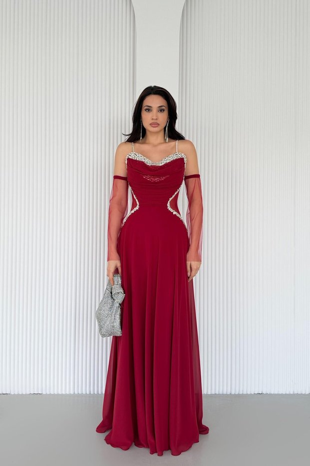 Burgundy Stone Embroidered Tulle Sleeves Waist Detail Evening Dress