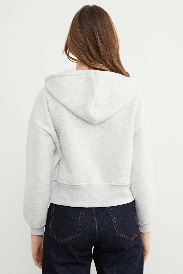 Basic Fermuarlı Kapüşonlu Crop Sweatshirt - 8