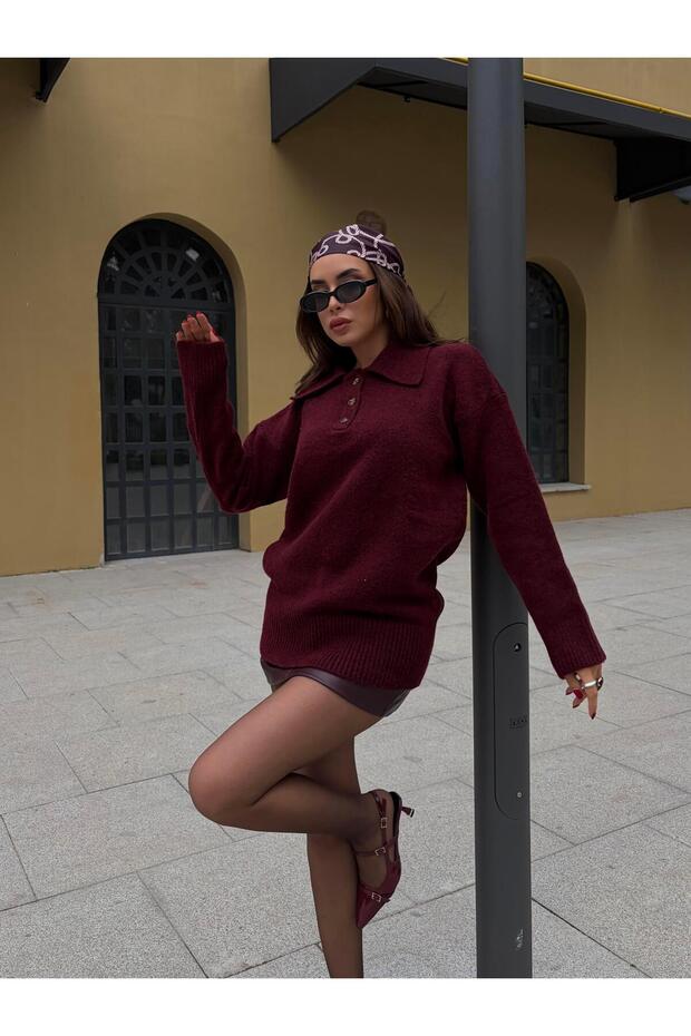 Women's Burgundy Polo Neck Sweater Tunic Size 7036