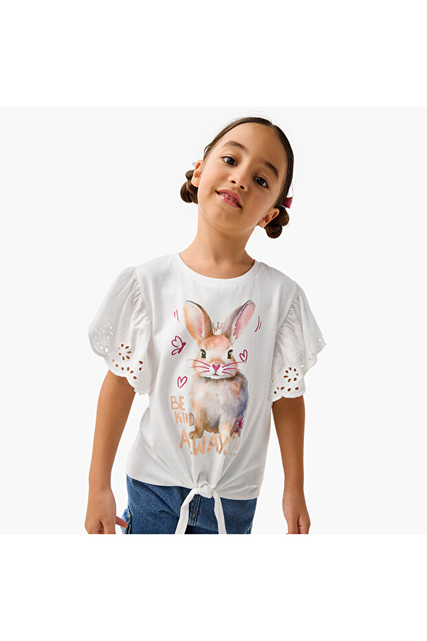 Floral Sequinned T-shirt with Front Knot Detail