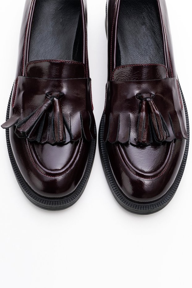 Tasseled Genuine Burgundy Patent Leather Women's Loafer Shoes Women's Casual Classic Tassel Detailed Shoes