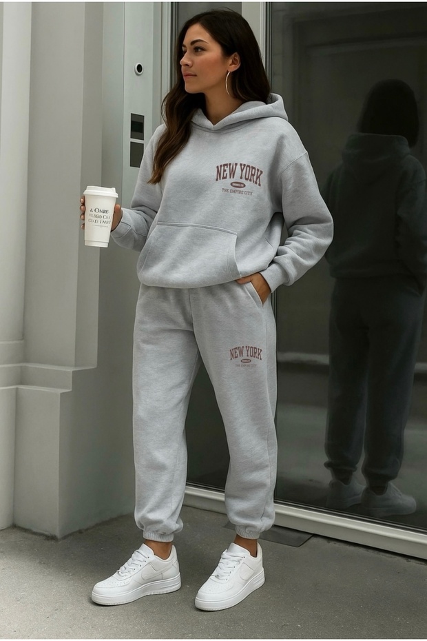 New York the Empire States Printed Unisex Women/Men K Hooded Oversized Bottom/Top Tracksuit Set