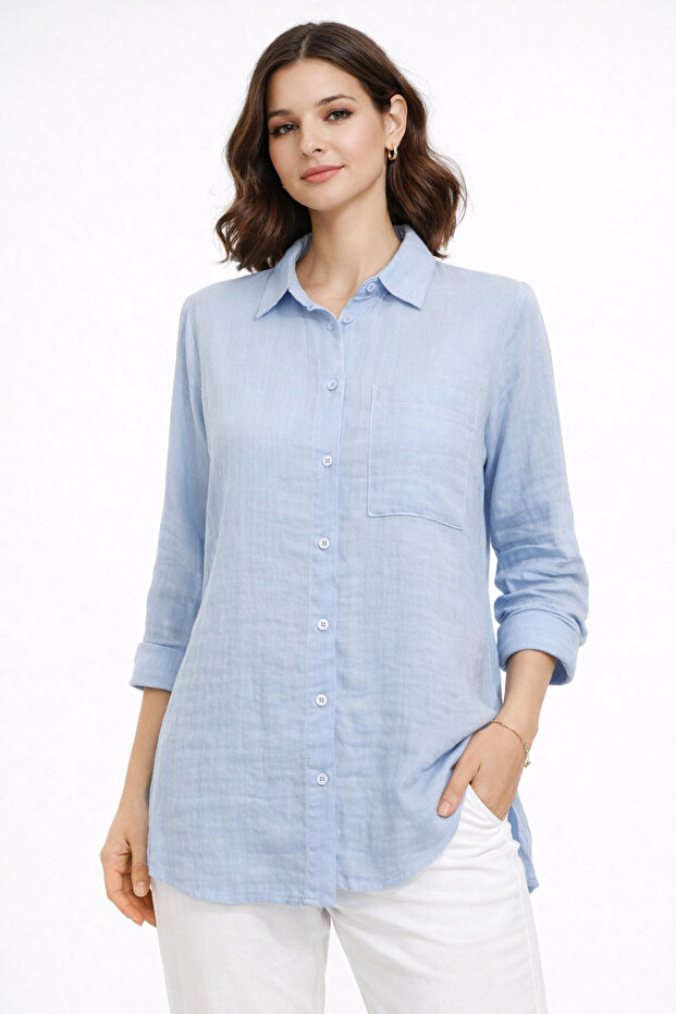 Women's Light Blue Muslin Shirt – Pockets, Long Sleeves, Relaxed Fit -