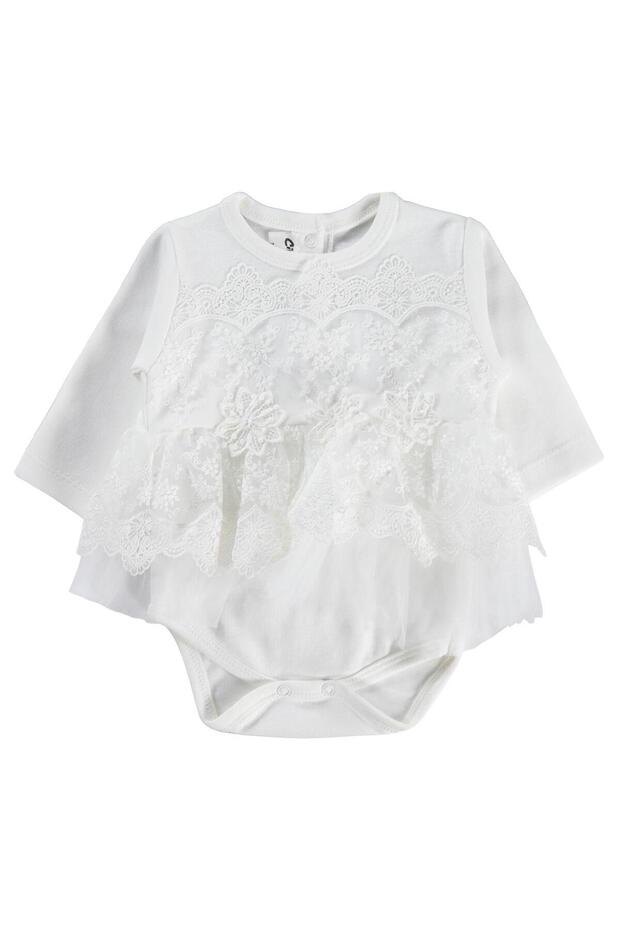 Ruffle Tulle 3-12 Months Snap Fastener Bodysuit - Ecru 9-12 Months