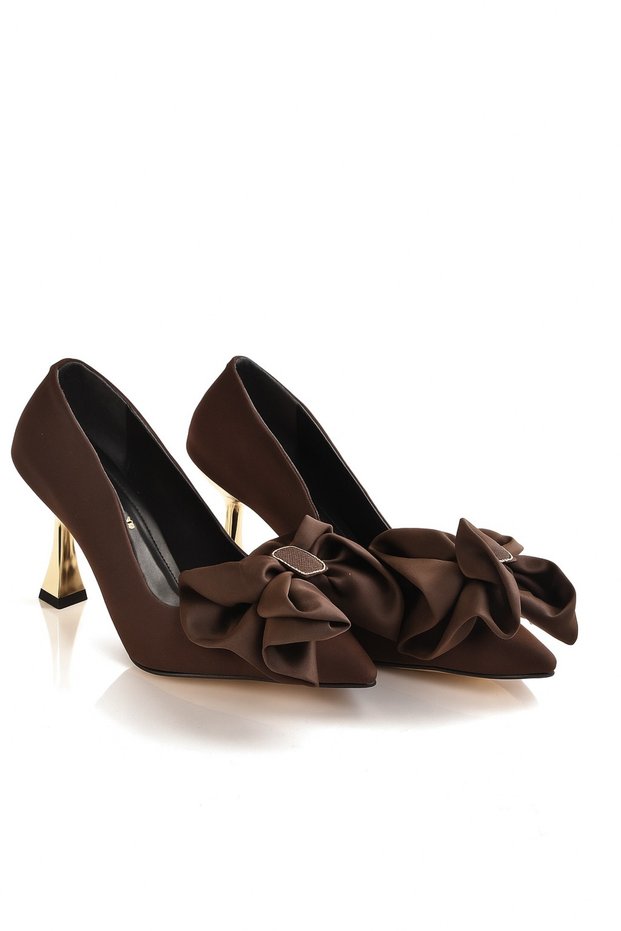Women's Gold-Heeled Satin Bow Detail Heeled Shoes