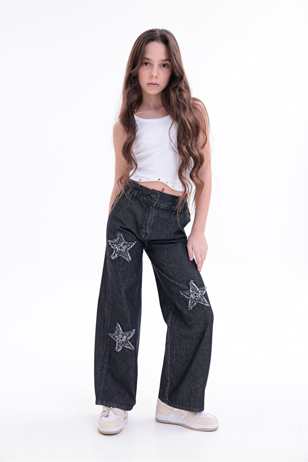 Girl's Star Embroidered Design Jeans