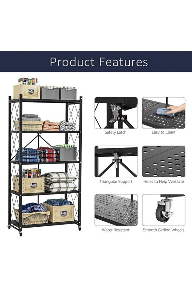 رف تخزين قابل للطي سميك بخمس طبقات مزود بعجلات، ورف ذو سعة كبيرة - 5