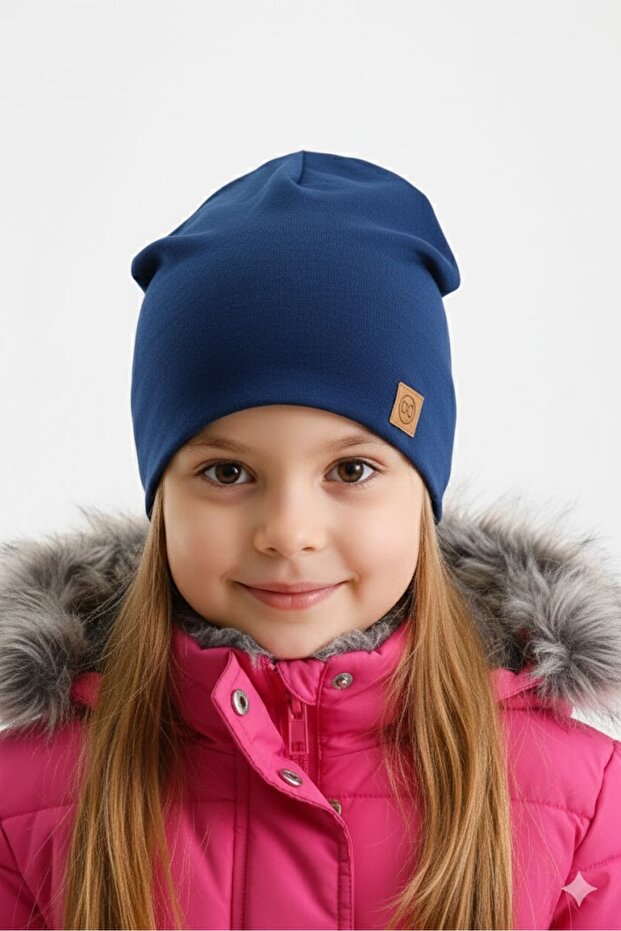 Children's Light Navy Blue Thermal 100% Cotton Soft 2-in-1 Beanie Premium Cuts Series
