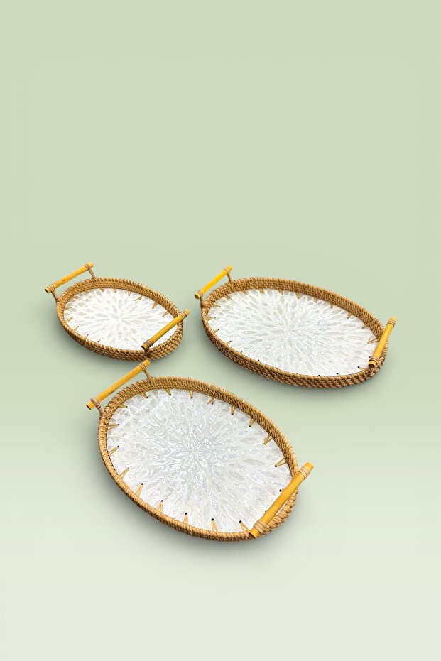3-Piece Pearlescent Glass Rattan Tray Brown 34X23Cm 30X21Cm 27X17Cm