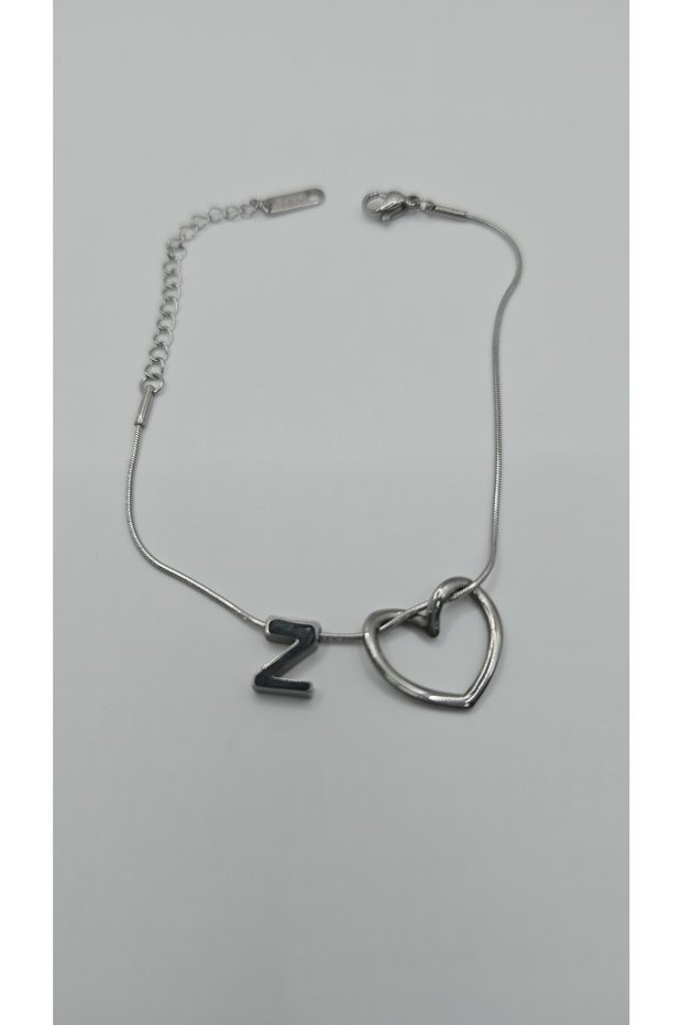 Stainless Steel Silver Color Heart Detailed Letter Bracelet – Letter Z