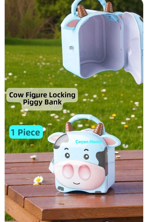 Cow Figured Metal Piggy Bank with Bag and Lock Cute Animal Children's Piggy Bank Gift for Students 15cm