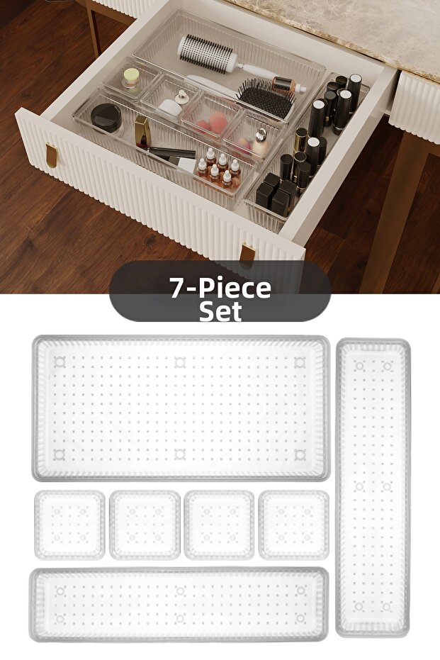 7-Piece Modular Drawer Organizer, Bathroom Makeup and Jewelry Organizer - Office Desktop Organizer