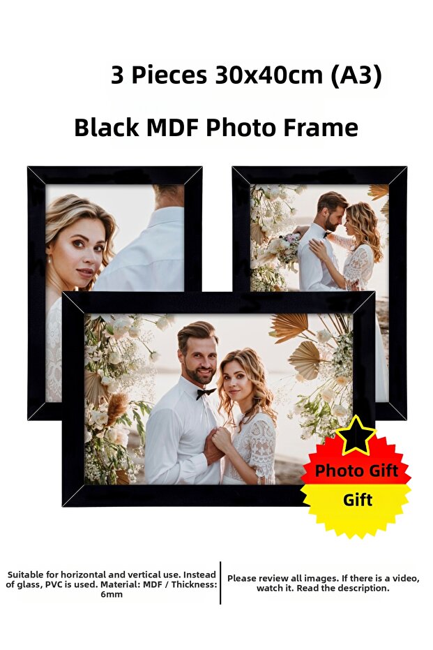 3 قطع إطار 30×40 - إطار أسود - إطار صور متعدد من MDF - إطار صور بحجم A3