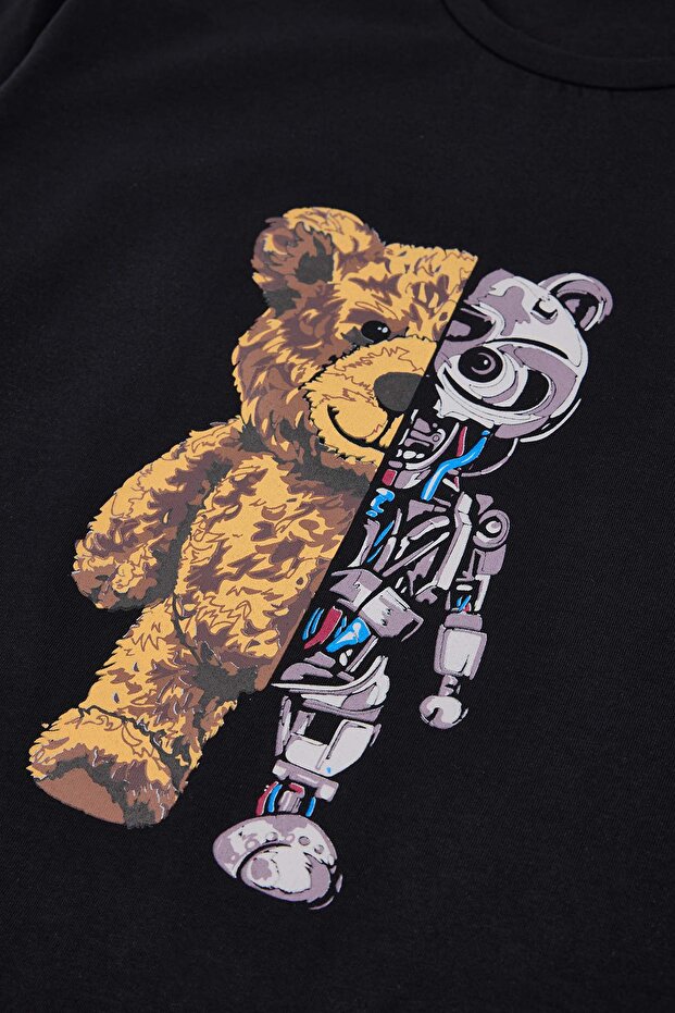 Siyah Regular Kesim Pamuklu Kısa Kollu Üst Robot Baskılı Cep Detaylı Pijama Takımı TMNSS26PT00005 - 7