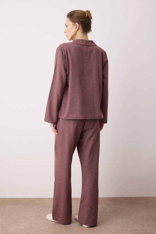 Bordo Pamuklu Kalın/Kışlık Çizgili Flanel Dokuma Pijama Takımı THMAW26PT00196 - 4