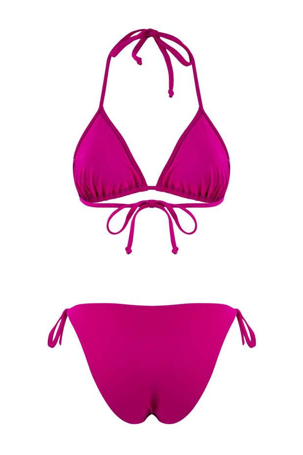 Fuşya Boncuk Aksesuarlı Üçgen Kaplı Normal Bel Regular Bikini Takımı TBESS26BT00011 - 5