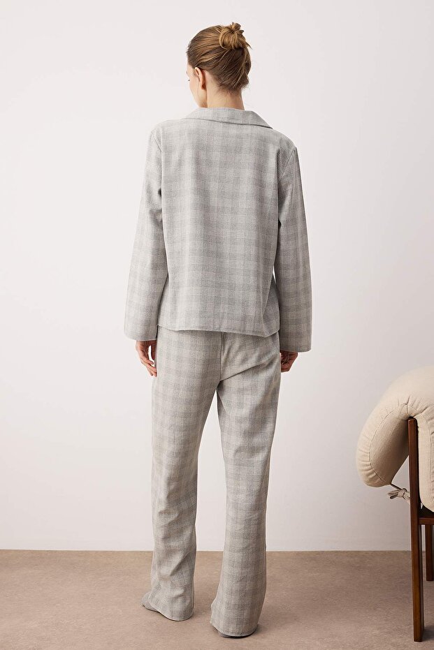 Gri Pamuklu Kalın/Kışlık Ekoseli Flanel Dokuma Pijama Takımı THMAW26PT00196 - 4