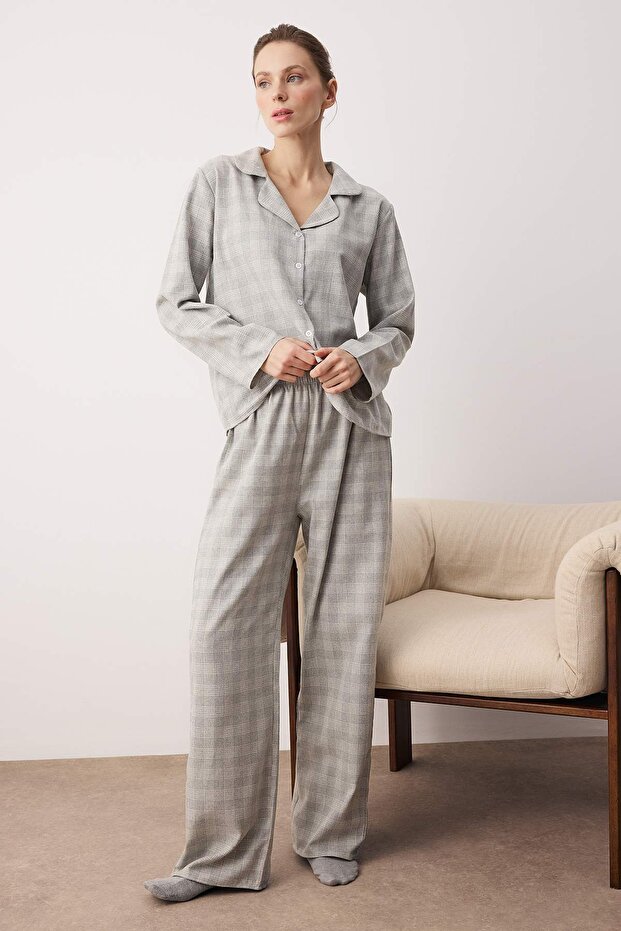 Gri Pamuklu Kalın/Kışlık Ekoseli Flanel Dokuma Pijama Takımı THMAW26PT00196 - 2