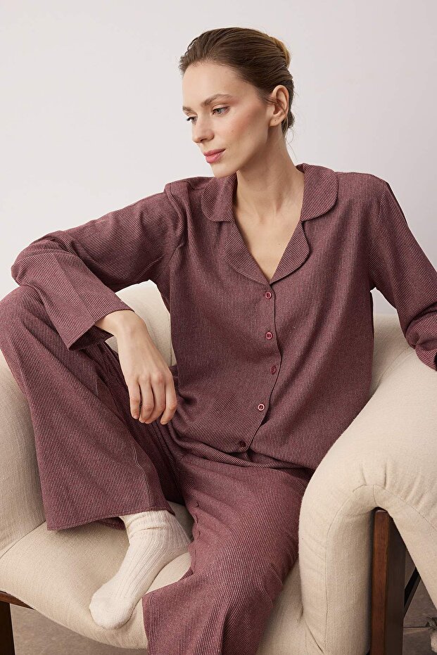 Bordo Pamuklu Kalın/Kışlık Çizgili Flanel Dokuma Pijama Takımı THMAW26PT00196 - 2