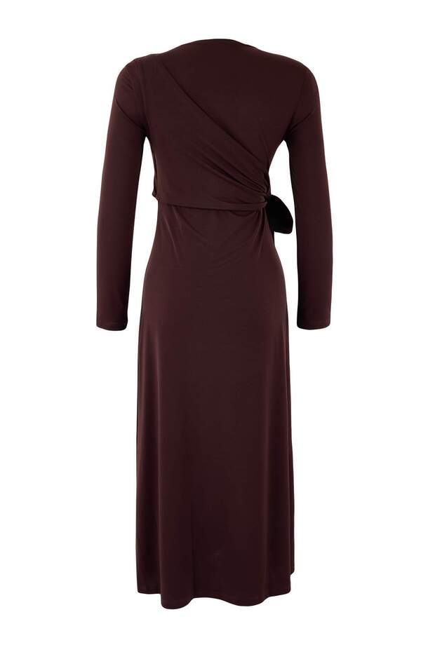 Kahverengi Bağlama Detaylı Sandy Kumaş Fitted Form Örme Elbise TCTSS26EB00016 - 6