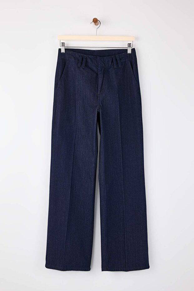Koyu Mavi DÖKÜMLÜ Nervür Detaylı Normal Bel %100 PAmuk Wide Leg Jeans TWOSS26JE00018 - 5