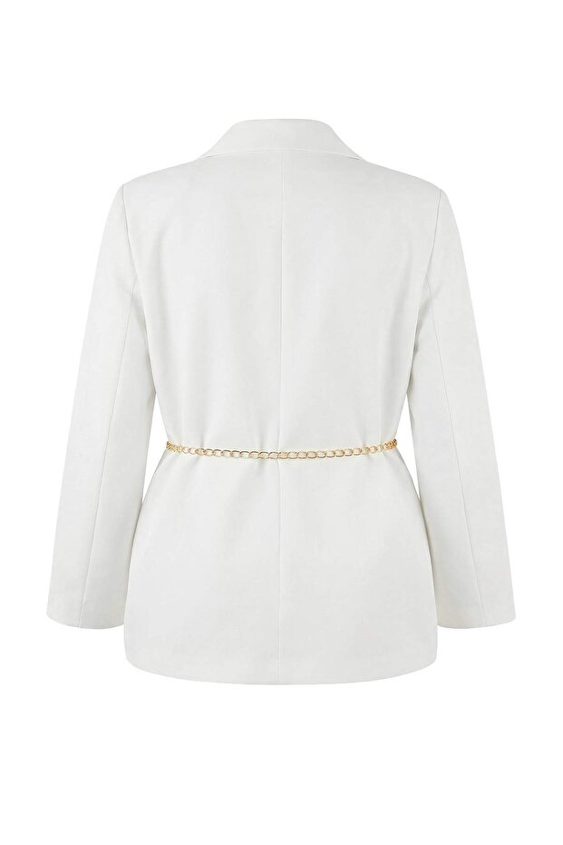 Ekru Gold Kemerli Astarlı Büyük Beden Ceket / Blazer TBBSS26AG00005 - 8