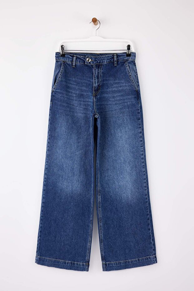 Koyu Mavi DÖKÜMLÜ Bel Detaylı Yüksek Bel %100 Pamuk Wide Leg Jeans TWOSS26JE00061 - 5
