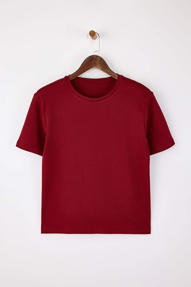 Wardrobe Essentials-Bordo Regular/Normal Kalıp Vatkalı Örme T-Shirt TWOSS26TS00005 - 6