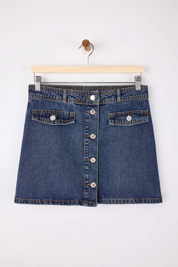 Mavi Düğme Detaylı Mini %100 Pamuk Denim Etek TWOSS26ET00007 - 5