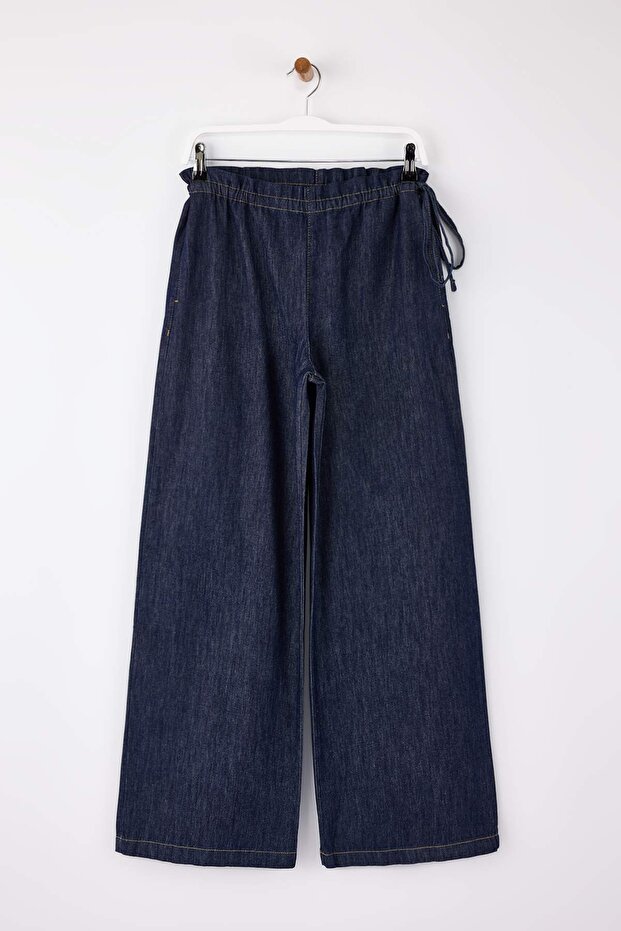 Koyu Mavi DÖKÜMLÜ Bel Detaylı Yüksek Bel %100 Pamuk Wide Leg Jeans TWOSS26JE00060 - 5