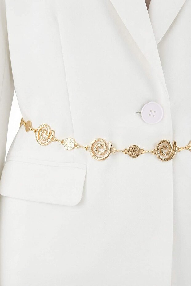 Ekru Gold Kemerli Astarlı Büyük Beden Ceket / Blazer TBBSS26AG00005 - 7