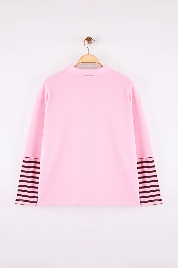 Pembe Polo Yaka Kolları Çizgili Büyük Beden Sweatshirt TBBAW26AO00053 - 6