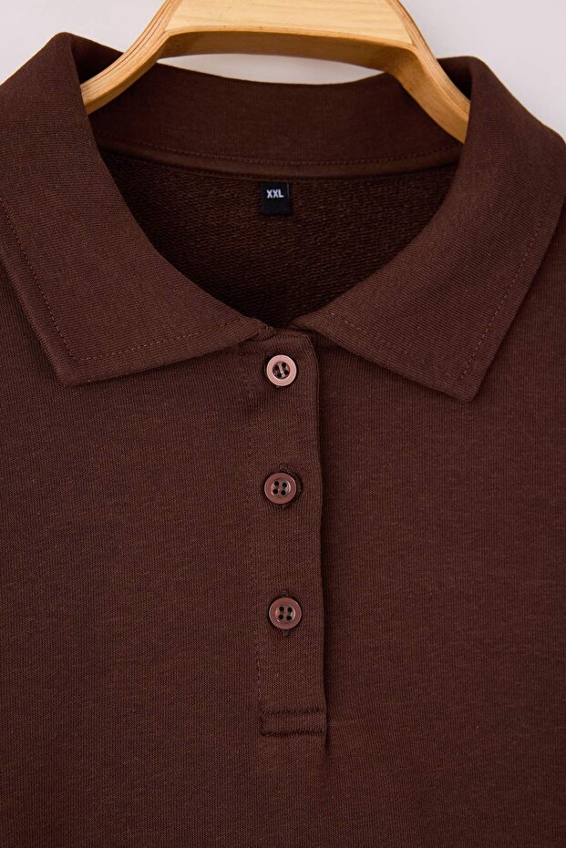 Kahverengi Polo Yaka Kolları Çizgili Büyük Beden Sweatshirt TBBAW26AO00053 - 6