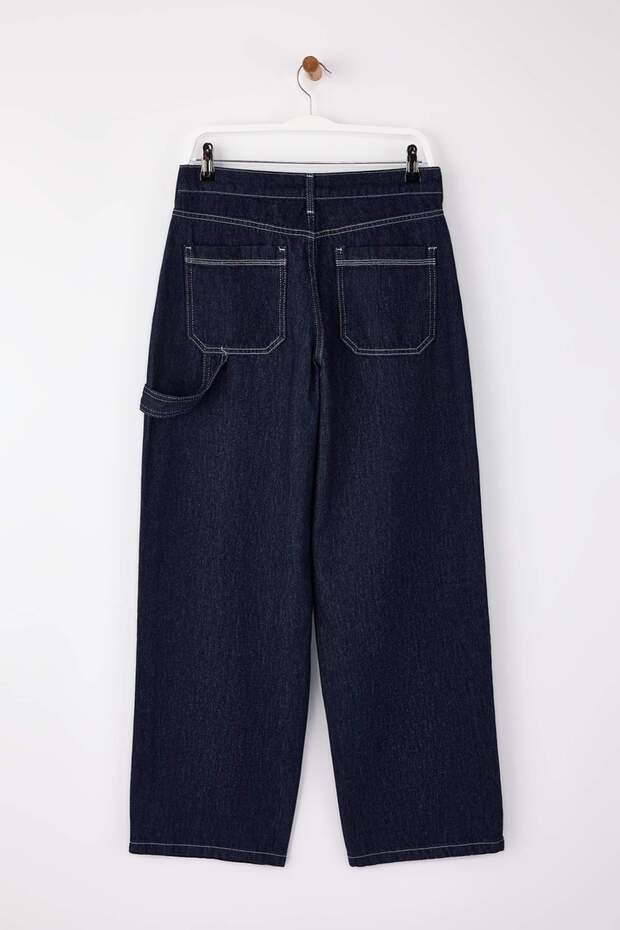 Limited Edition Koyu Mavi DÖKÜMLÜ Cep Detaylı Yüksek Bel %100 Pamuk Baggy Jeans TWOSS26JE00026 - 5