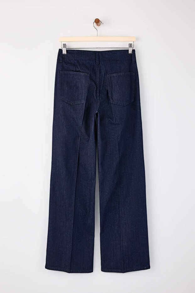 Koyu Mavi DÖKÜMLÜ Nervür Detaylı Normal Bel %100 PAmuk Wide Leg Jeans TWOSS26JE00018 - 6