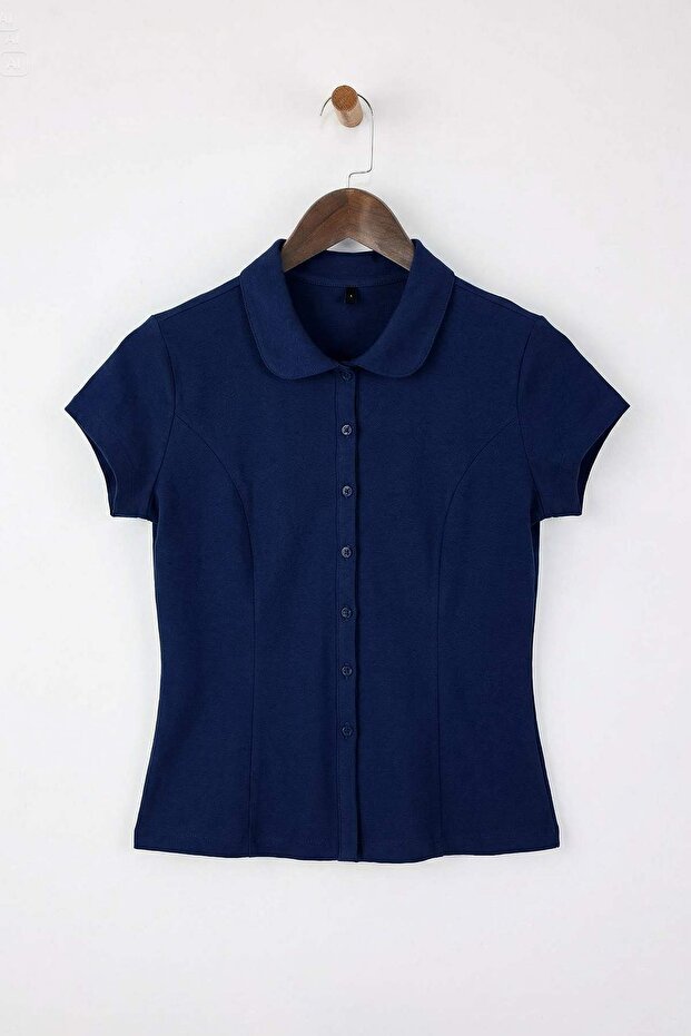 Lacivert Fitted/Vücuda Oturan Bebe Yaka Düğmeli Pamuklu Esnek Örme Bluz TWOSS26BZ00188 - 6