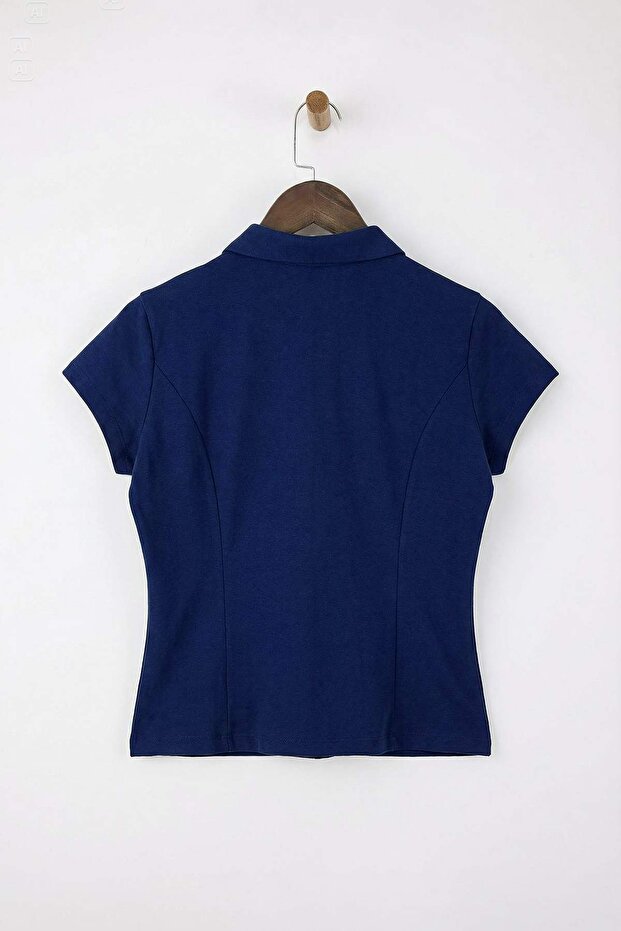 Lacivert Fitted/Vücuda Oturan Bebe Yaka Düğmeli Pamuklu Esnek Örme Bluz TWOSS26BZ00188 - 7