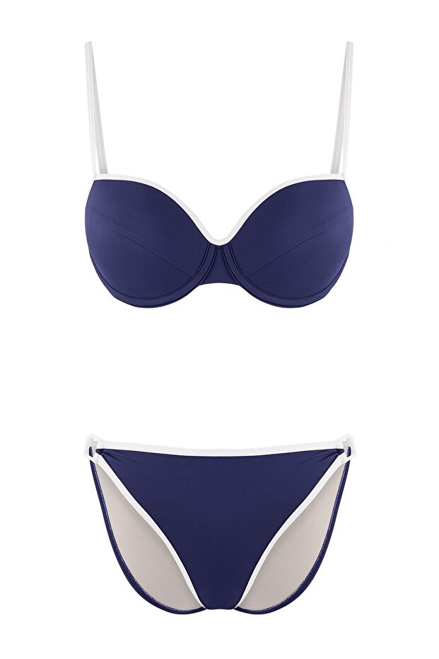 Koyu Lacivert Renk Bloklu Biyeli Balconette Kaplı Normal Bel Brazilian Bikini Takımı TBESS26BT00016 - 5
